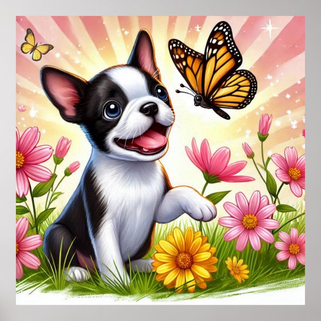 Póster Cachorro Terrier De Boston Jugando Con Mariposa (Frente)