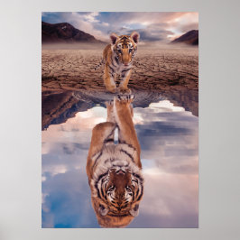 Póster Cachorro tigre mirando el reflejo de un tigre adul