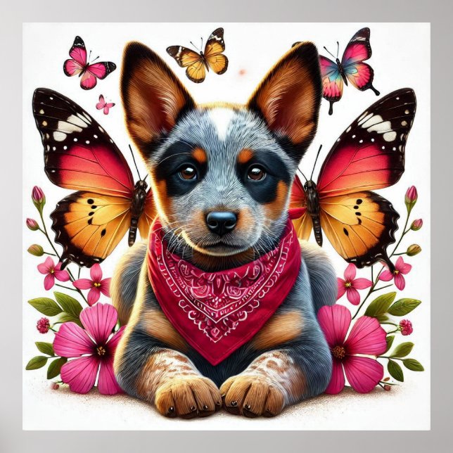 Póster Cachorros curados rodeados de mariposas y flores (Frente)