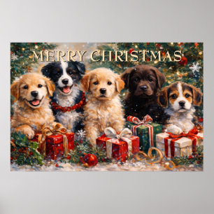 Póster Cachorros de Navidad con regalos bajo el árbol dec