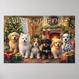 Póster Cachorros de Navidad junto a la chimenea y árbol d