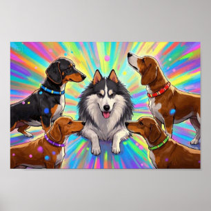 Póster Cachorros de perros con fondo de arcoíris