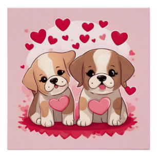 Póster Cachorros El día de San Valentín con corazón