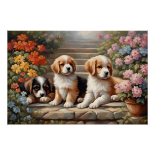 Póster Cachorros lindos en jardín de flores