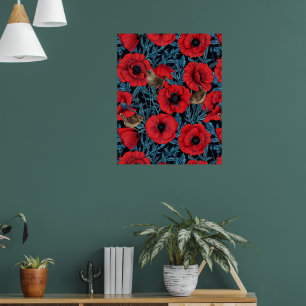 Póster Cachorros rojos y venas, hojas azules en negro