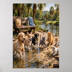 Póster Cachorros y Gatitos Lindos en la Pared del Río