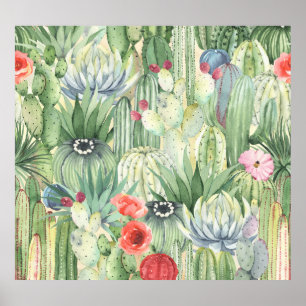 Póster Cacti, suculentos: acuarela floral.