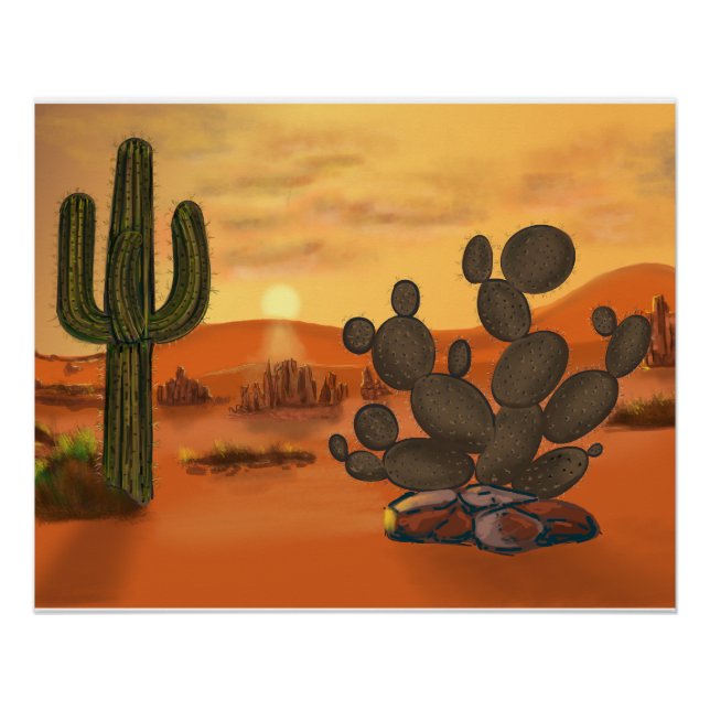 Póster Cactus dans le desert, couleurs automne chaudes. (Anverso)