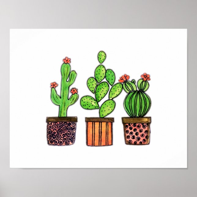 Póster Cactus De Acuarela Cuta En Cacerolas (Frente)