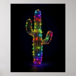 Póster Cactus de Saguaro iluminado con luces Navidades