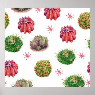 Póster Cactus Floral: fondo acuarela