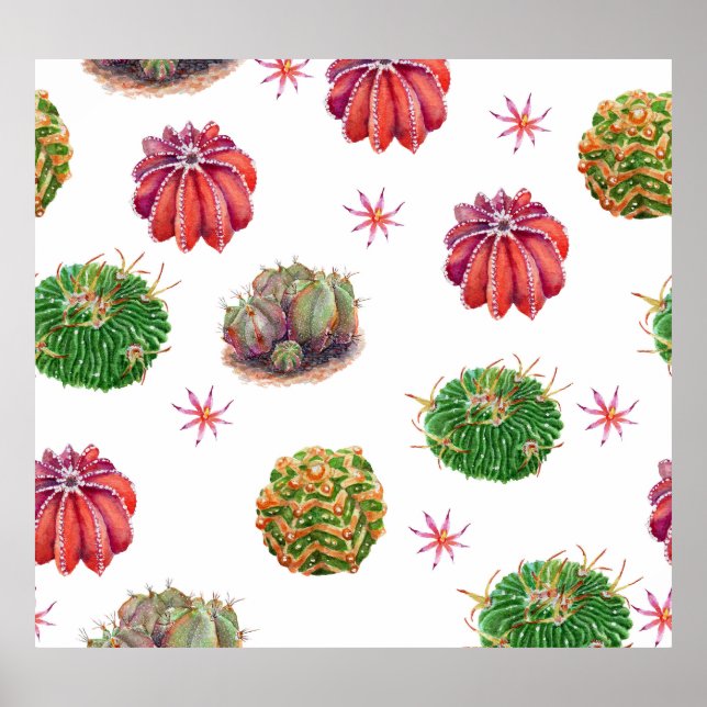 Póster Cactus Floral: fondo acuarela (Frente)