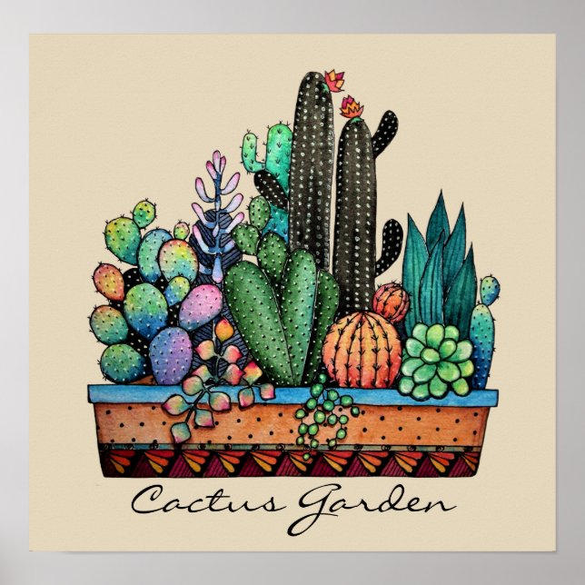 Póster Cactus Garden Cute Watercolor En Pot (Frente)