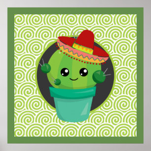 Póster Cactus Grande-Observado lindo en sombrero rojo