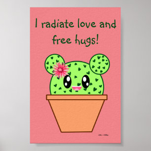 Póster Cactus Kawaii dibujando abrazos libres rosados