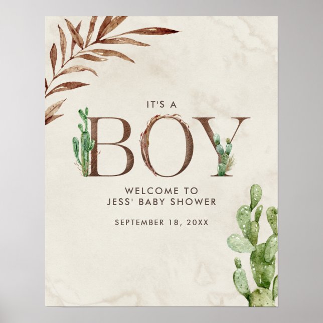 Póster Cactus Leather Boy Baby Shower Welcome (Frente)
