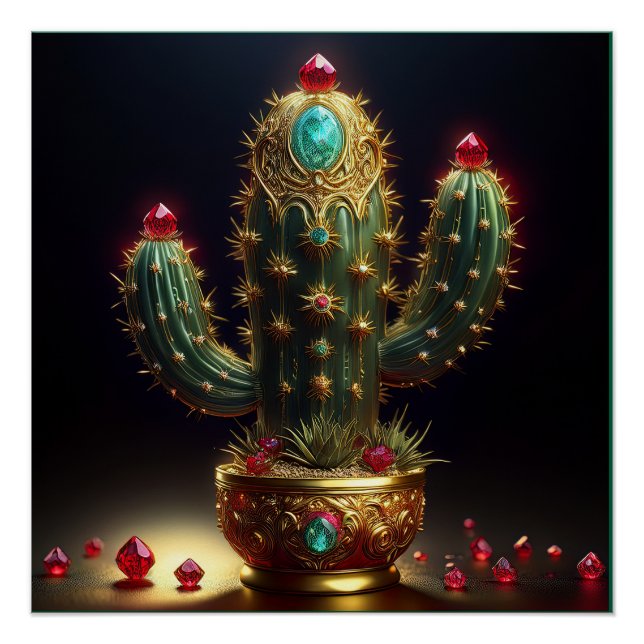 Póster Cactus Saguaro Dorado Con Rubíes Incrustados (Anverso)