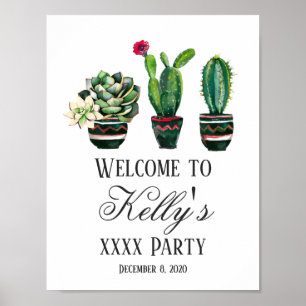 Póster cactus, suculento, acuarela, fiesta de bienvenida