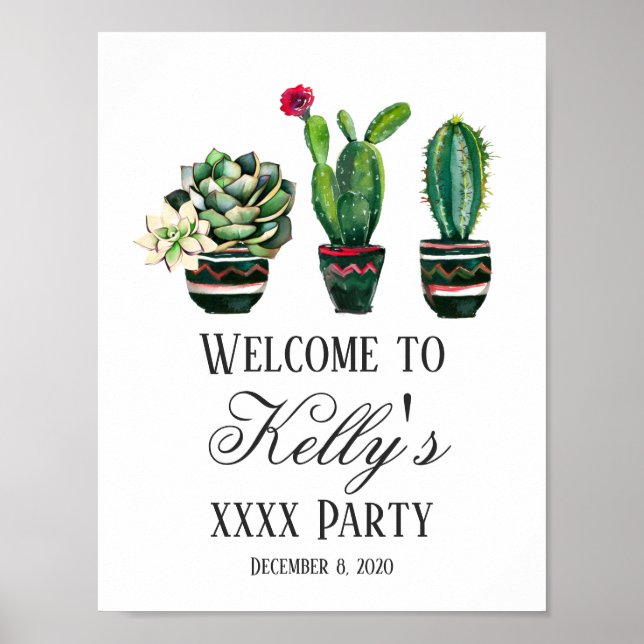 Póster cactus, suculento, acuarela, fiesta de bienvenida (Frente)