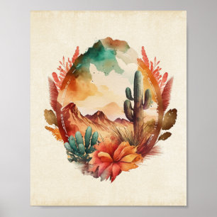 Póster Cactus y montañas del desierto acuarela