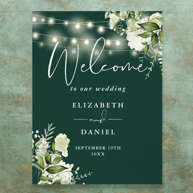 Póster Cadena de Esmeralda Ilumina Bienvenida Boda Floral (Emerald String Lights Floral Wedding Welcome Poster)