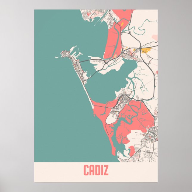 Póster Cádiz - España Mapa de la ciudad de Chalk (Frente)