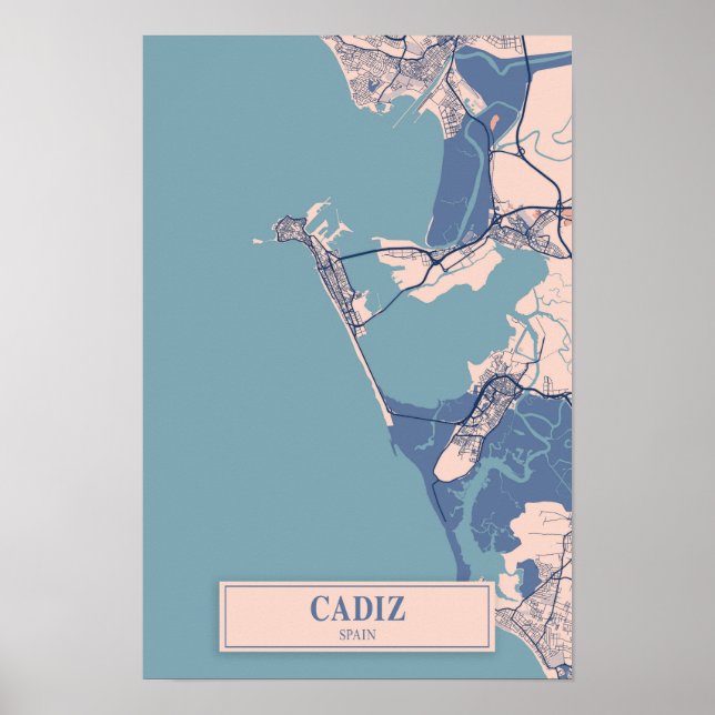 Póster Cádiz España Mapa de la Ciudad Ventosa Viaje (Frente)