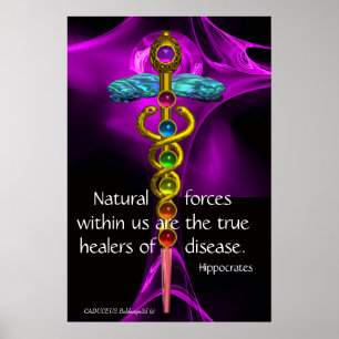 Póster CADUCEO DE ORO, 7 CHAKRAS, ROSA PÚRPURA Médico, Yo