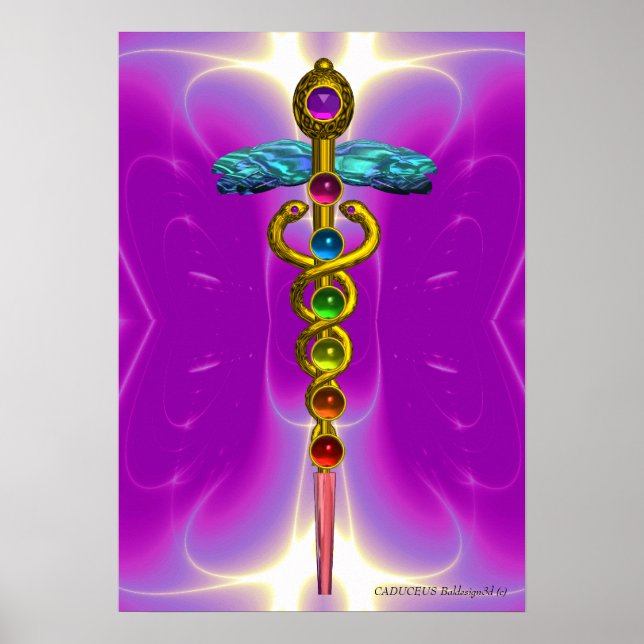Póster CADUCEO DE ORO 7 CHAKRAS, Yoga, Médico Rosa Fucsia (Frente)