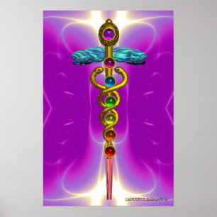 Póster CADUCEO DE ORO 7 CHAKRAS, Yoga, Médico Rosa Fucsia