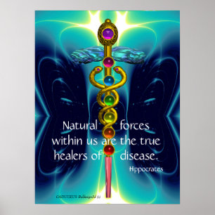PÓSTER CADUCEO DE ORO Y 7 CHAKRAS EN ONDAS DE AZUL VERDOS