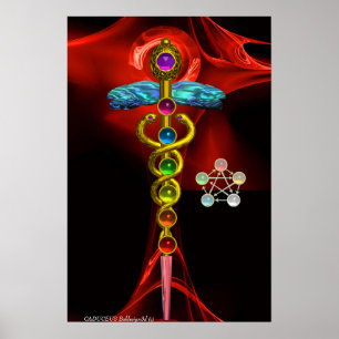 PÓSTER CADUCEO DE ORO Y 7 CHAKRAS EN ROSA FRACTAL ROJA