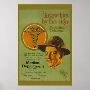 Póster Caduceo del Cuerpo Médico del Ejército de 1919 Rec