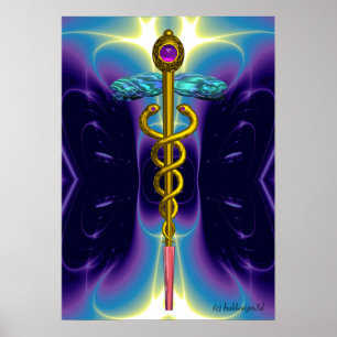 Póster CADUCEO Médico de ORO Símbolo Olas Azul Púrpura