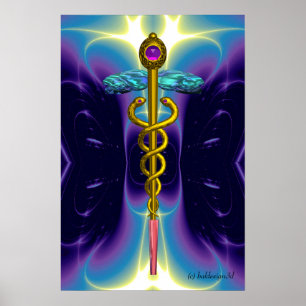 Póster CADUCEO Médico de ORO Símbolo Olas Azul Púrpura