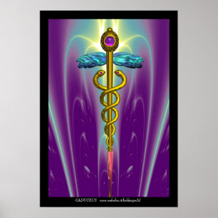 Póster CADUCEO Médico de ORO Símbolo Olas Purpura Verde