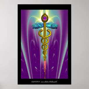 Póster CADUCEO Médico de ORO Símbolo Olas Purpura Verde
