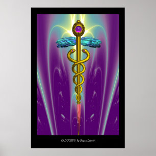 Póster CADUCEO Médico de ORO Símbolo Olas Purpura Verde