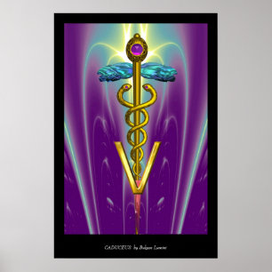 Póster CADUCEO VETERINARIO DE ORO SÍMBOLO Azul Púrpura