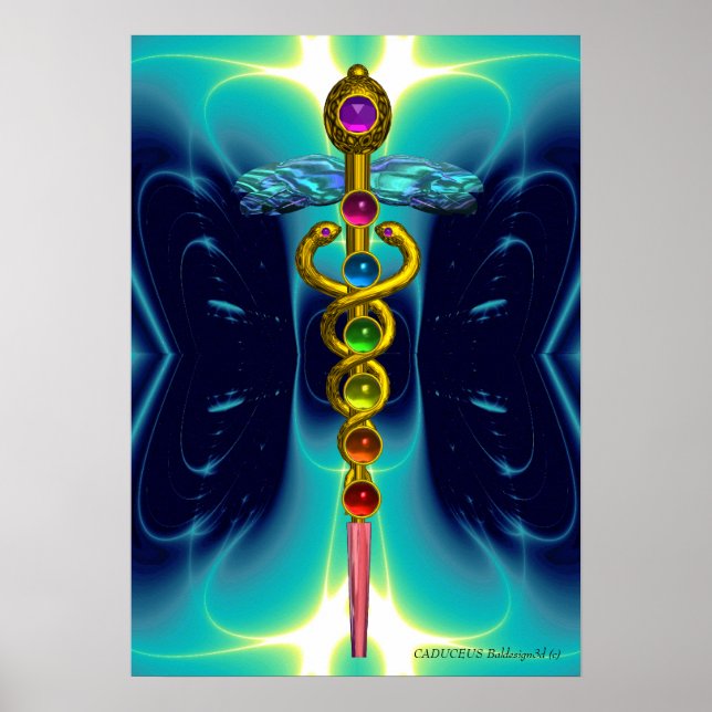 Póster CADUCEUS AND 7 CHAKRAS , vibrant gold ametist (Frente)