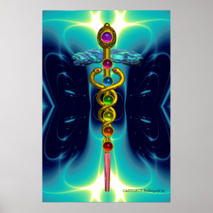 Póster CADUCEUS AND 7 CHAKRAS , vibrant gold ametist