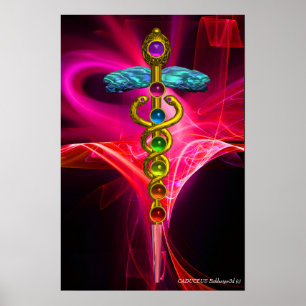 Póster CADUCEUS DE ORO,7 CHAKRAS PINK FUCHSIA Yoga Médico