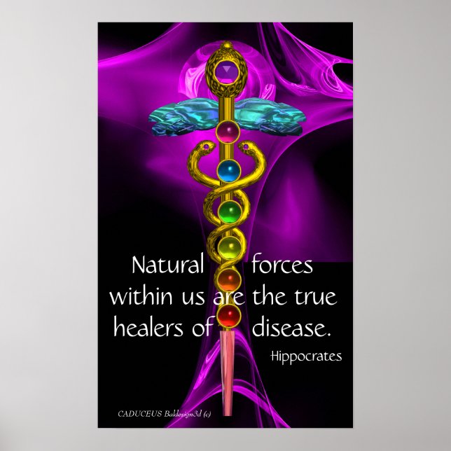 Póster CADUCEUS DE ORO, 7 CHAKRAS, ROSA PURPLE, Yoga (Frente)
