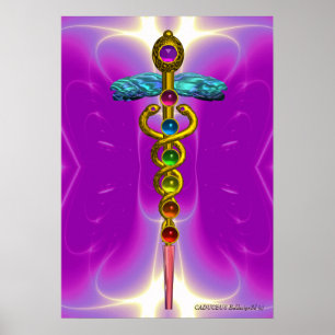 Póster CADUCEUS DE ORO 7 CHAKRAS,Yoga,Fuchsia rosa médica