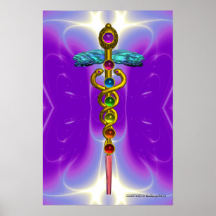 Póster CADUCEUS DE ORO 7 CHAKRAS, Yoga, violeta morada mé