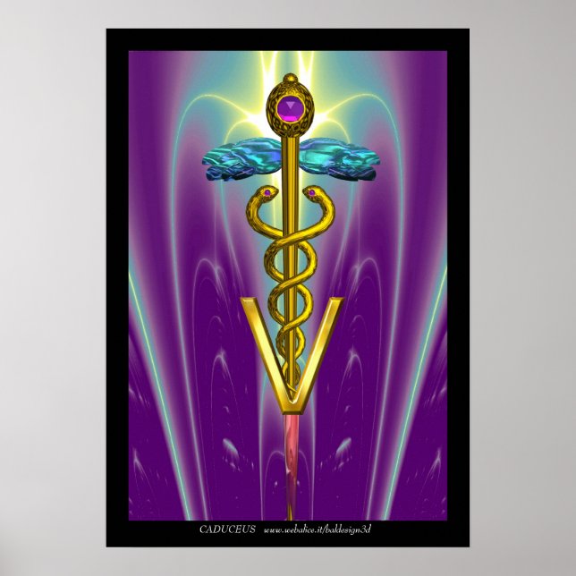 Póster CADUCEUS DE ORO VETERINARIO SÍMBOLO Azul Púrpura (Frente)