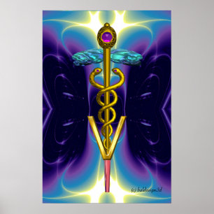 Póster CADUCEUS DE ORO VETERINARIO SÍMBOLO Azul Púrpura