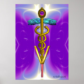 Póster CADUCEUS DE ORO VETERINARIO SÍMBOLO Azul Púrpura
