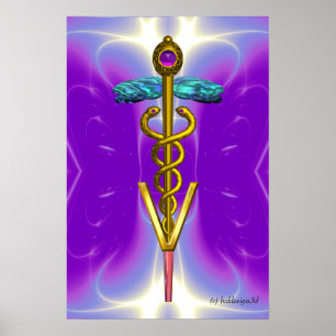 Póster CADUCEUS DE ORO VETERINARIO SÍMBOLO Azul Púrpura