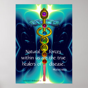 PÓSTER CADUCEUS DE ORO Y 7 CHAKRAS EN ONDAS AZULES VERDE